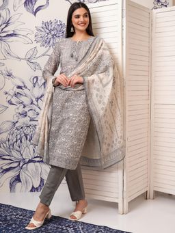 VISHUDH - Women Grey Printed Kurta with Pant & Dupatta (Set of 3)