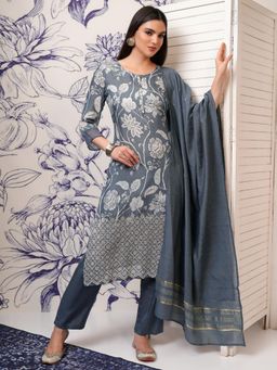 VISHUDH - Women Grey Floral Kurta with Pant & Dupatta (Set of 3)