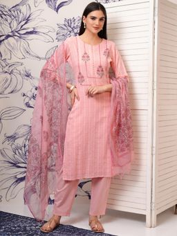 VISHUDH - Women Pink Floral Kurta with Pant & Dupatta (Set of 3)