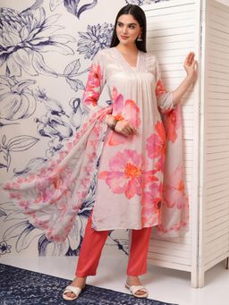 VISHUDH - Women Coral Floral Kurta with Pant & Dupatta (Set of 3)