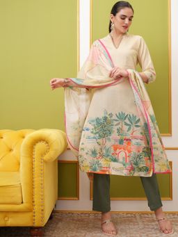 VISHUDH - Women Cream Printed Kurta with Pant & Dupatta (Set of 3)