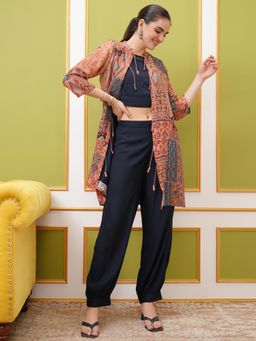 VISHUDH - Women Blue Printed Crop Top with Pant & Jacket (Set of 3)