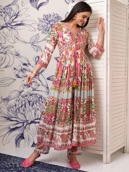 VISHUDH - Women White Floral Crop Top with Pant & Jacket (Set of 3)