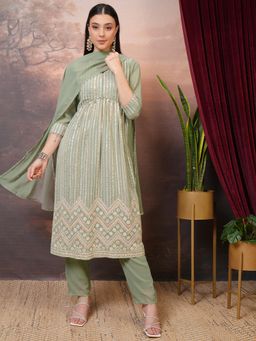 VISHUDH - Women Green Embroidered Kurta with Pant & Dupatta (Set of 3)