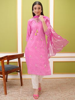 VISHUDH - Women Pink Printed Kurta with Pant & Dupatta (Set of 3)