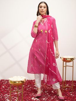 VISHUDH - Women Pink Printed Kurta with Pant & Dupatta (Set of 3)