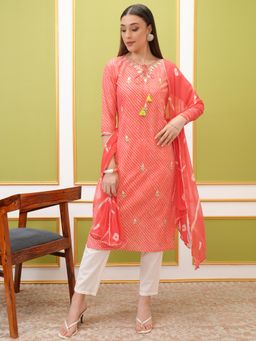 VISHUDH - Women Red Printed Kurta with Pant & Dupatta (Set of 3)