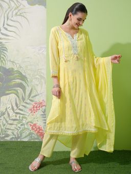VISHUDH - Women Yellow Woven Kurta with Pant & Dupatta (Set of 3)