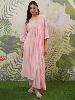 VISHUDH - Women Pink Floral Anarkali Kurta with Pant & Dupatta (Set of 3)