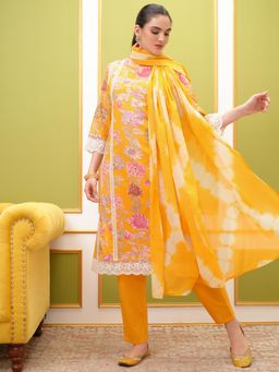 VISHUDH - Women Yellow Floral Kurta with Pant & Dupatta (Set of 3)