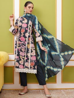 VISHUDH - Women Teal Floral Kurta with Pant & Dupatta (Set of 3)