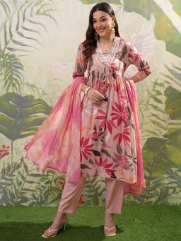 VISHUDH - Women Pink Floral Kurta with Pant & Dupatta (Set of 3)