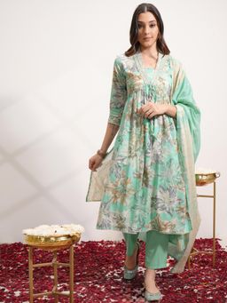 VISHUDH - Women Green Floral Kurta with Pant & Dupatta (Set of 3)