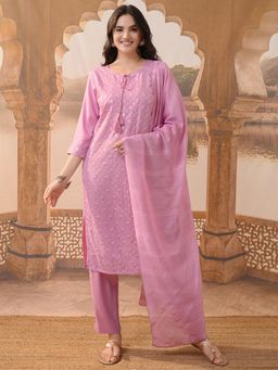 VISHUDH - Women Pink Embroidered Kurta with Pant & Dupatta (Set of 3)