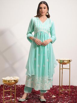 VISHUDH - Women Green Embroidered Kurta with Pant & Dupatta (Set of 3)