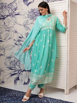 VISHUDH - Women Green Embroidered Kurta with Pant & Dupatta (Set of 3)