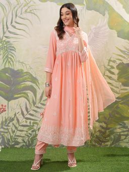 VISHUDH - Women Peach Embroidered Kurta with Pant & Dupatta (Set of 3)