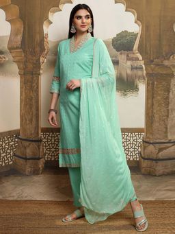 VISHUDH - Women Green Embroidered Kurta with Pant & Dupatta (Set of 3)