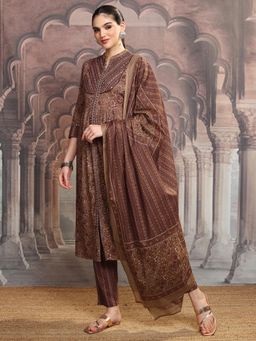 VISHUDH - Women Brown Floral Kurta with Pant & Dupatta (Set of 3)