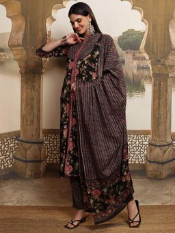 VISHUDH - Women Black Floral Kurta with Pant & Dupatta (Set of 3)