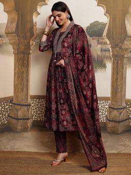 VISHUDH - Women Maroon Printed Anarkali Kurta with Pant & Dupatta (Set of 3)