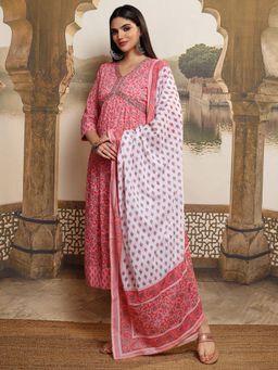 VISHUDH - Women Peach Floral Anarkali Kurta with Pant & Dupatta (Set of 3)