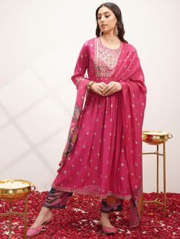 VISHUDH - Women Pink Printed Kurta with Pant & Dupatta (Set of 3)