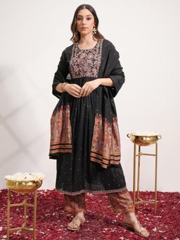 VISHUDH - Women Black Printed Kurta with Pant & Dupatta (Set of 3)