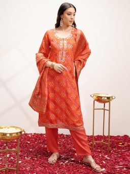 VISHUDH - Women Orange Printed Kurta with Pant & Dupatta (Set of 3)