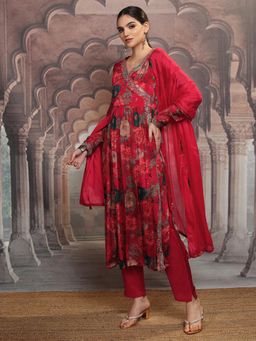 VISHUDH - Women Red Floral Angarkha Kurta with Pant & Dupatta (Set of 3)
