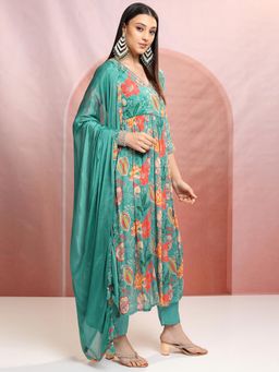 VISHUDH - Women Green Floral Angarkha Kurta with Pant & Dupatta (Set of 3)