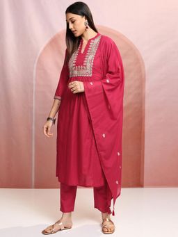 VISHUDH - Women Pink Woven Kurta with Pant & Dupatta (Set of 3)