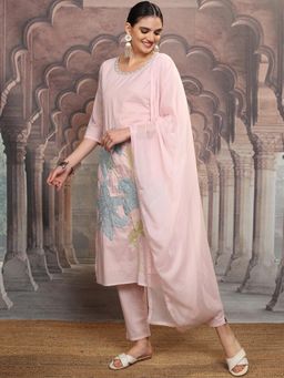 VISHUDH - Women Pink Floral Kurta with Pant & Dupatta (Set of 3)