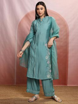 VISHUDH - Women Teal Embroidered Kurta with Pant & Dupatta (Set of 3)