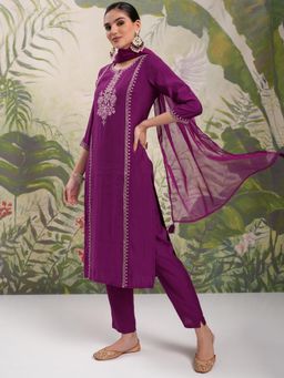 VISHUDH - Women Purple Embroidered Kurta with Pant & Dupatta (Set of 3)