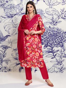 VISHUDH - Women Red Floral Kurta with Pant & Dupatta (Set of 3)