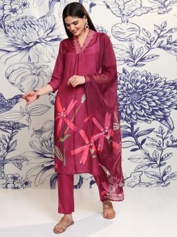 VISHUDH - Women Maroon Floral Kurta with Pant & Dupatta (Set of 3)