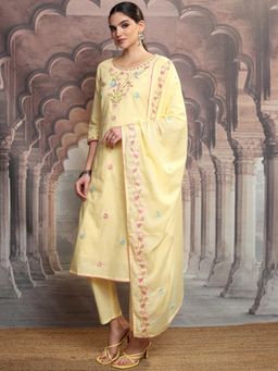 VISHUDH - Women Yellow Embroidered Kurta with Pant & Dupatta (Set of 3)