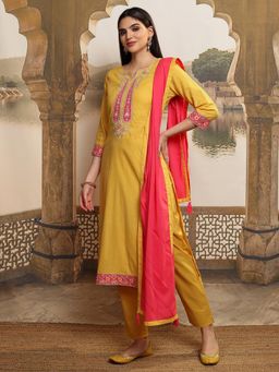 VISHUDH - Women Mustard Embroidered Kurta with Pant & Dupatta (Set of 3)
