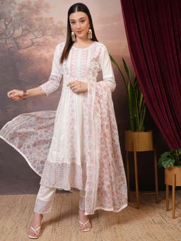 VISHUDH - Women White Embroidered Anarkali Kurta with Pant & Dupatta (Set of 3)