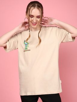 JUNEBERRY - Beige Graphic Printed Cotton Oversized T-Shirt