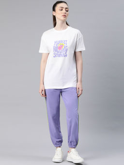Laabha - Women Cotton Casual White & Purple T-Shirt with Joggers (Set of 2)