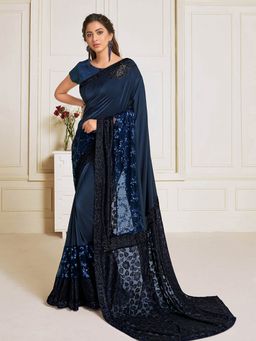 Odette - Navy Blue Lycra Designer Saree with Unstitched Blouse