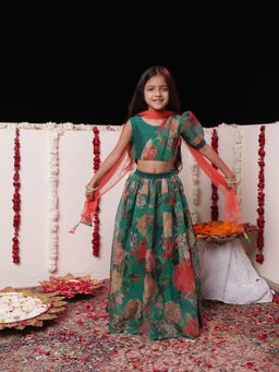 Vastramay - Girls Green Lehenga with Top & Dupatta (Set of 3)