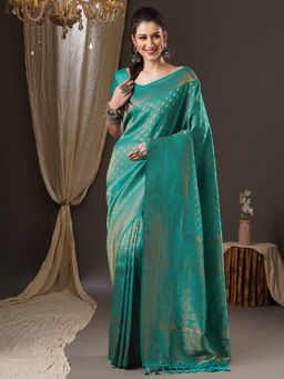 Akhilam - Womens Georgette Teal Blue Woven Design Saree with Unstitched Blouse