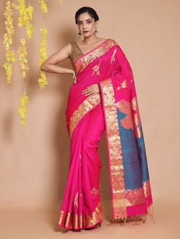 CHARUKRITI - Fuchsia Blended Cotton Handwoven Zari Woven Bird Designs Saree with Unstitched Blouse