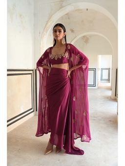 Ease Clothing - Magenta Embroidered Bralette with Cape and Cowl Skirt (Set of 3)