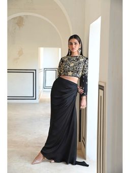 Ease Clothing - Black Embroidered Crop Top with Cowl Skirt (Set of 2)