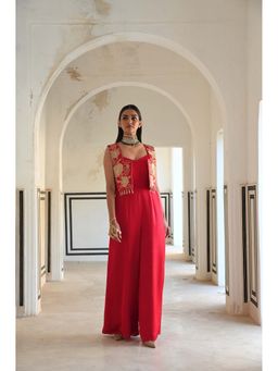 Ease Clothing - Big Flower Embroidered Short Jacket with Jumpsuit (Set of 2)