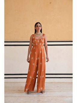 Ease Clothing - Orange Square Neckline Floral Butti Embroidered Flared Jumpsuit
